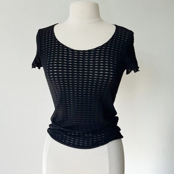 ARMANI COLLEZIONI Tops - Armani Collezioni Black Sheer Open-Knit Short Sleeve Tee